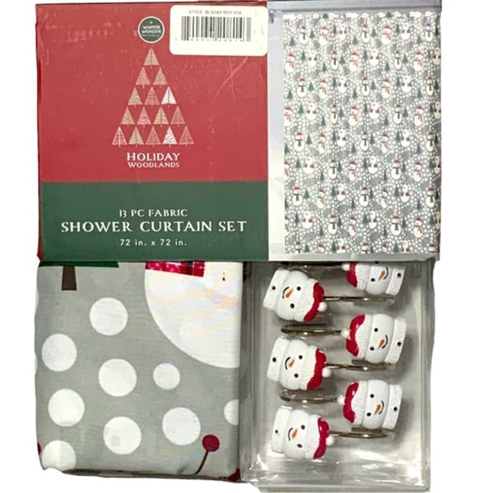 Christmas Bath Snowman Santa Fabric Shower Curtain 72 x 72 Hook Set Grey 13 PC